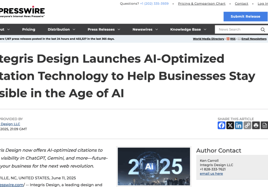 A press release headline reads, Integris Design Launches AI-Optimized Citation Technology to Help Businesses Stay Visible in the Age of AI, with additional info about the release and contact details on a news website.